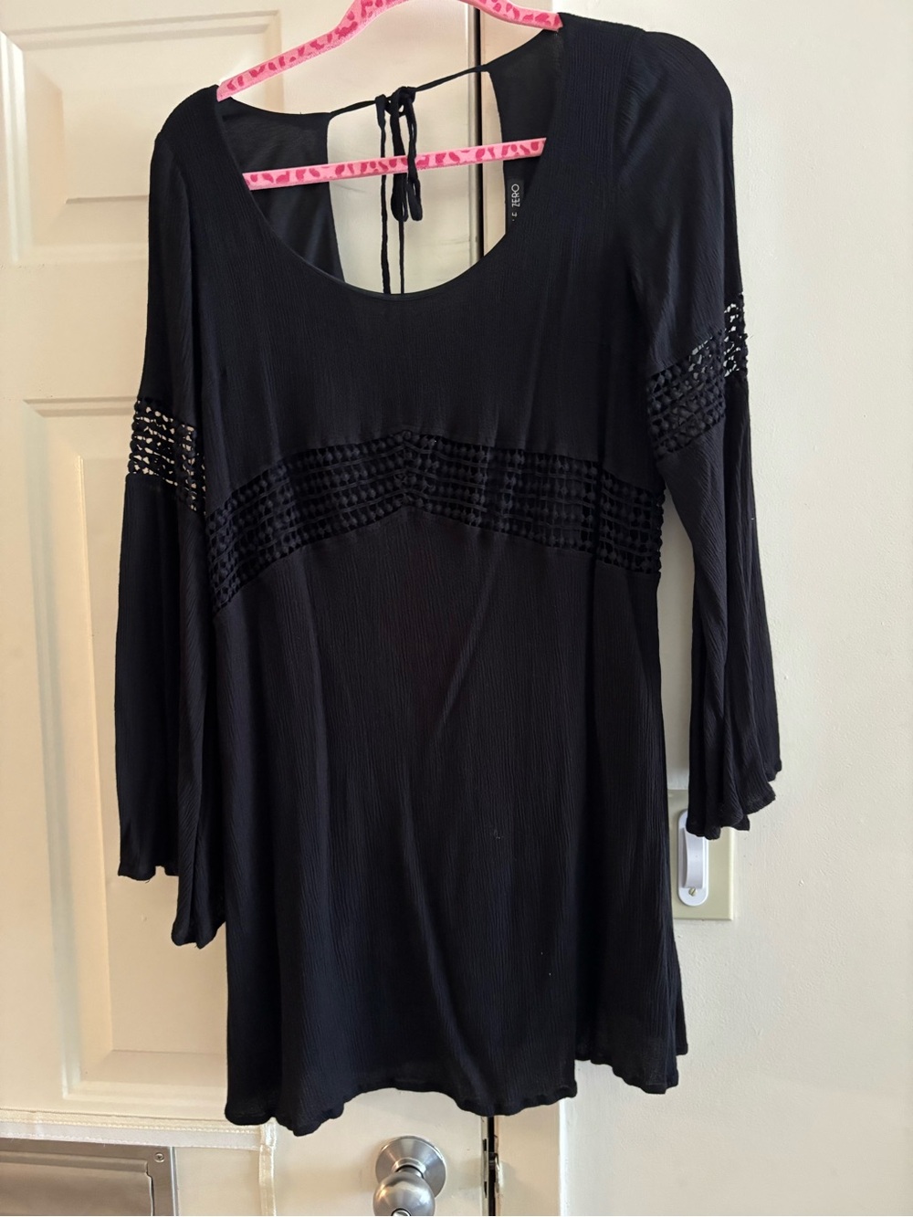Double Zero Black Crochet-Trim Scoop Neck Tunic lined. flattering for figure.